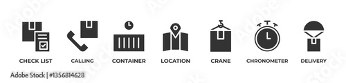 From Checklist to Delivery Icons set vector illustration with  check list, calling, container, location, crane, chronometer, delivery