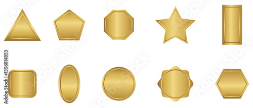 Gold button icon vector set. Set of golden geometric shapes. Golden oval square circle triangle star hexagon pentagon rectangle, metal identification tags or badges, round. Vector illustration.