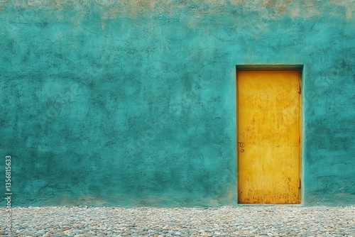 Vibrant turquoise wall with a yellow door highlights unique architecture and design elements in a quaint urban setting