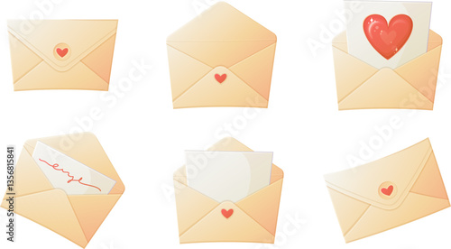 A vector illustration of six love-themed envelopes, some sealed and others open with letters inside. The envelopes feature heart-shaped seals and romantic handwritten messages, ideal for Valentine s D