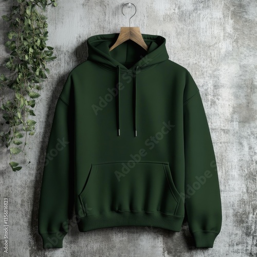 Dark Green Hoodie on a Hanger with Plants Against Textured Gray Wall - Apparel Mockup, Fashion, Style, and Design