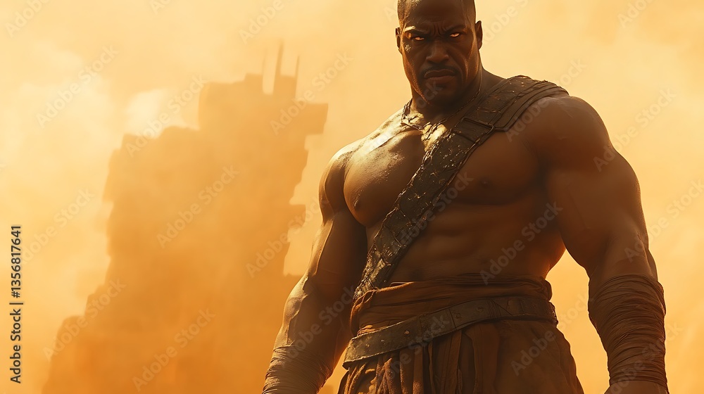 Muscular warrior in a hazy, desert landscape. Muscular warrior in a hazy, desert landscape.