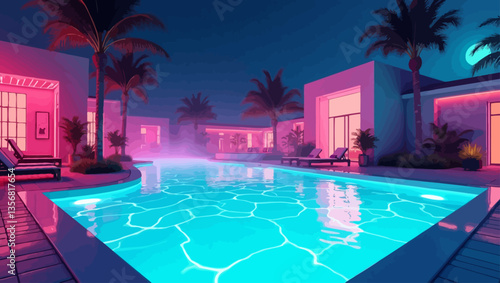 Luxurious neon-lit villa with palm trees and a tranquil pool at night, radiating tropical charm and retro vibes.