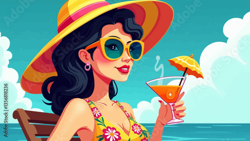 Stylish woman in a summer hat and sunglasses sipping a cocktail by the sea, enjoying tropical beach vibes.