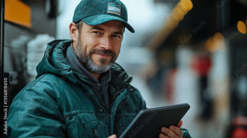 A logistics worker in a green jacket and cap is engaged with a tablet while overseeing fulfillment operations at a warehouse hub during a busy day. A logistics worker in a green jacket and cap is engaged with a tablet while overseeing fulfillment operations at a warehouse hub during a busy day.