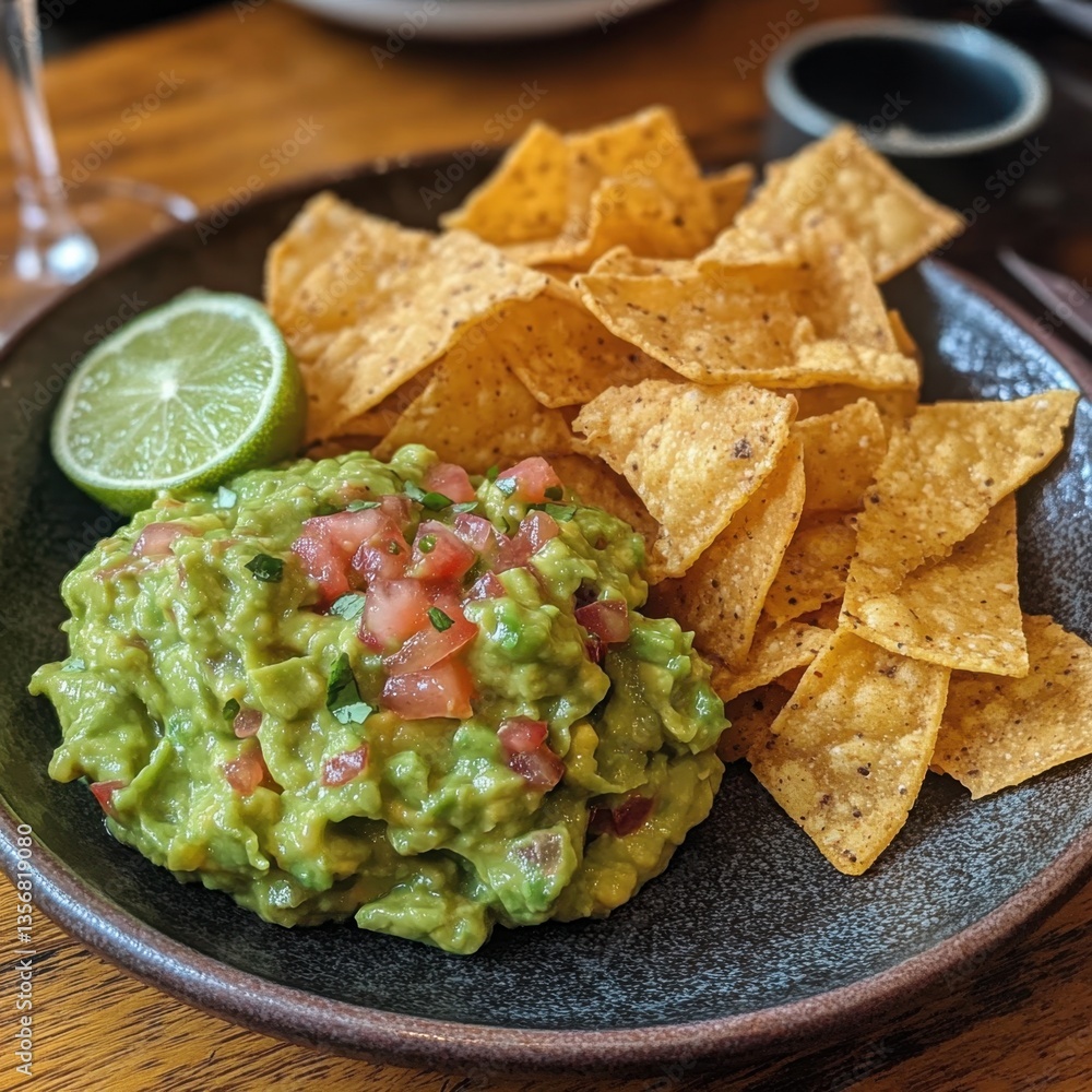 Appetizing guacamole with tortilla chips and lime on a rustic plate captures the vibrant colors and textures of fresh ingredients in a close up shot Appetizing guacamole with tortilla chips and lime on a rustic plate captures the vibrant colors and textures of fresh ingredients in a close up shot