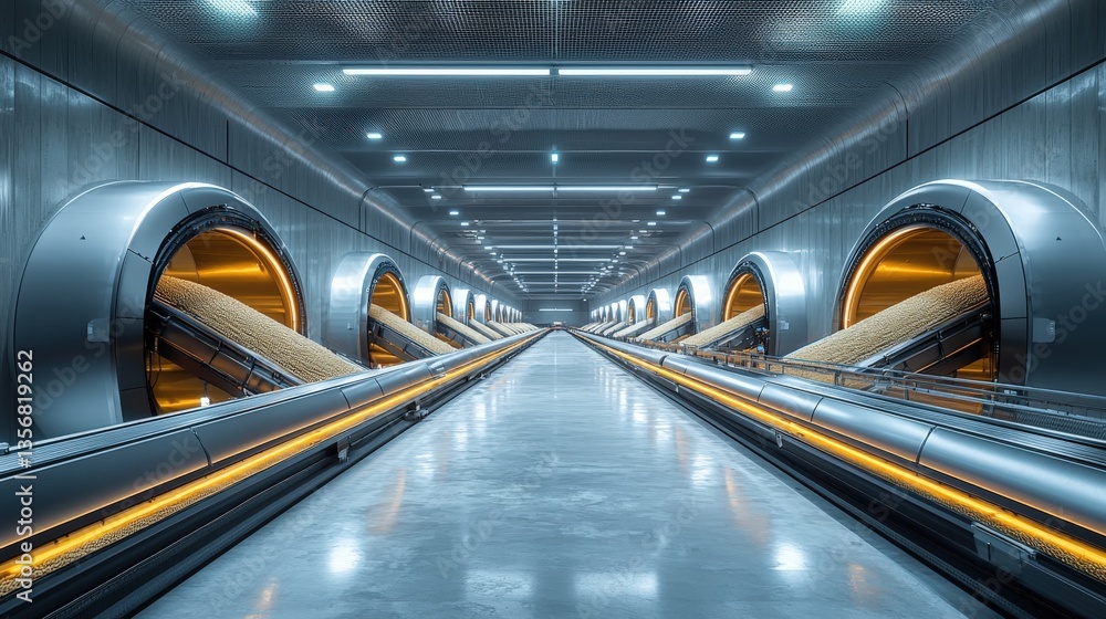 Futuristic agricultural storage terminal with automated grain handling
