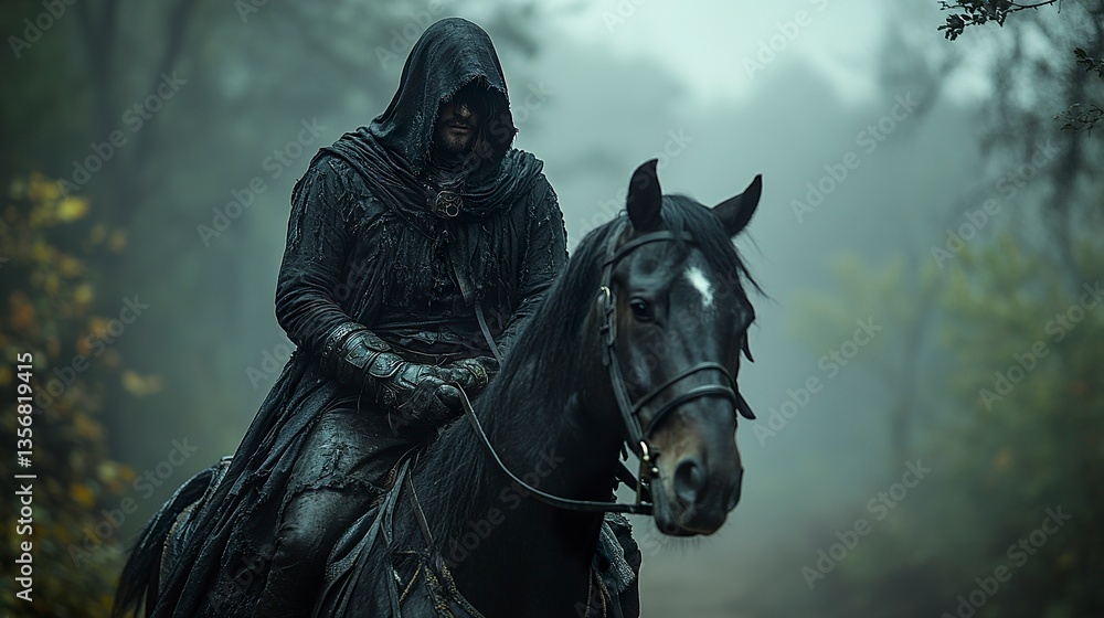 Fototapeta premium A black-hooded man leaning forward on his galloping horse, trees blurring in the background as the pair swiftly navigate the dense, shadowy forest. 