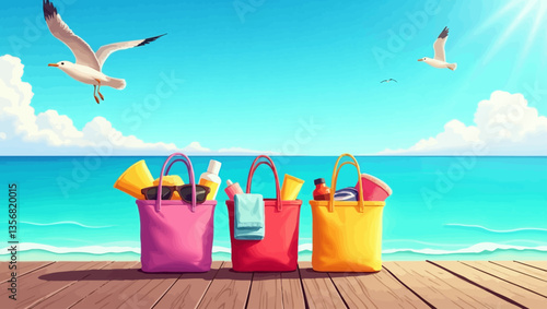 Colorful beach bags with towels, sun lotion, and summer essentials on a wooden pier by the ocean.