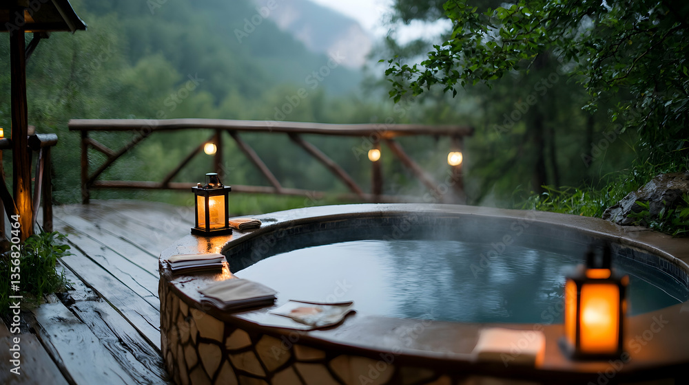 Obraz premium Outdoor Hot Tub on Wooden Deck with Mountain View