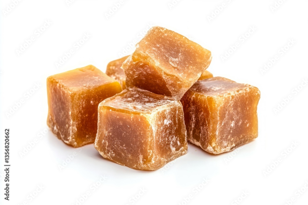 Caramel candy cubes on solid white background. Neural network AI generated Caramel candy cubes on solid white background. Neural network AI generated