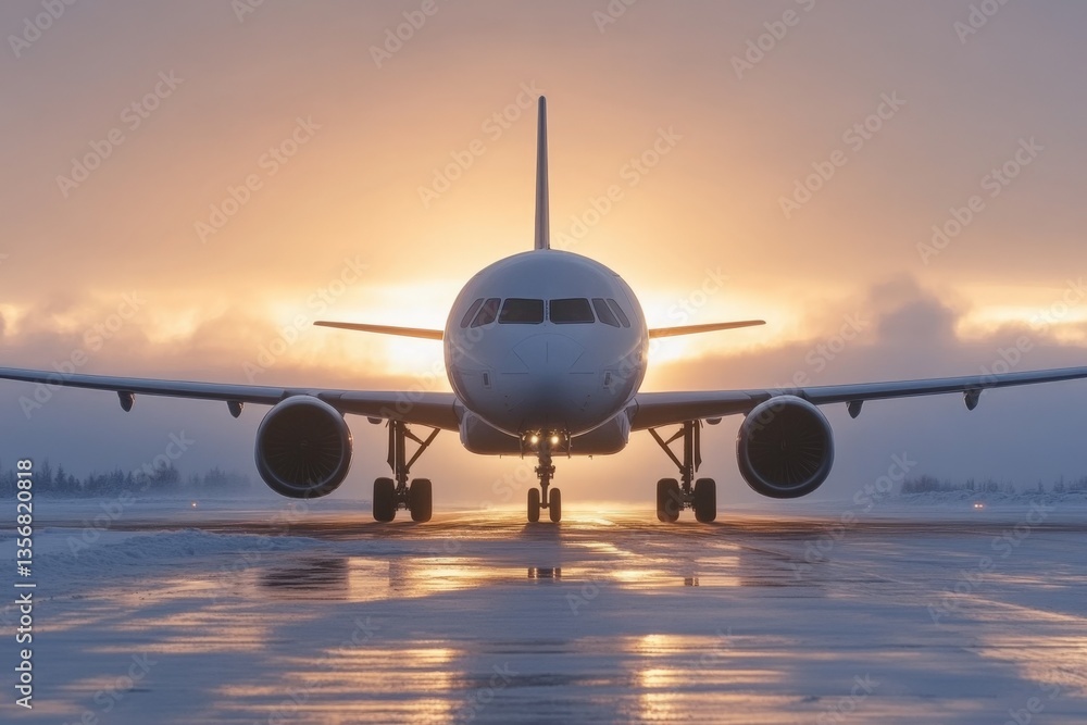 Airplane on runway with a stunning sunset backdrop in a winter landscape Airplane on runway with a stunning sunset backdrop in a winter landscape