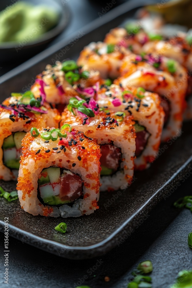 Delicious sushi rolls with tuna avocado and tobiko on a black plate close up japanese cuisine food photography healthy eating balanced diet Delicious sushi rolls with tuna avocado and tobiko on a black plate close up japanese cuisine food photography healthy eating balanced diet