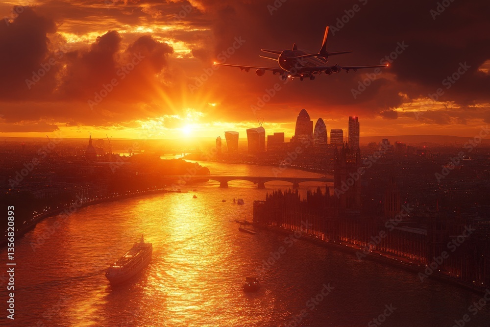 Sunset over London with airplane flying above the River Thames and city skyline in the background Sunset over London with airplane flying above the River Thames and city skyline in the background