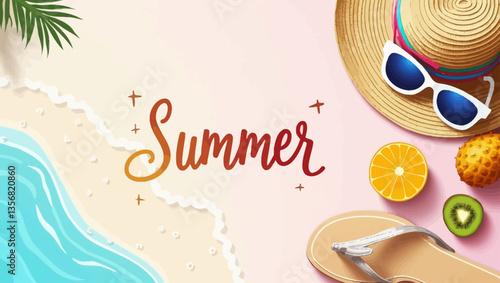 Top view summer beach scene with text, hat, sunglasses, flip-flops, and tropical fruits by the sea.