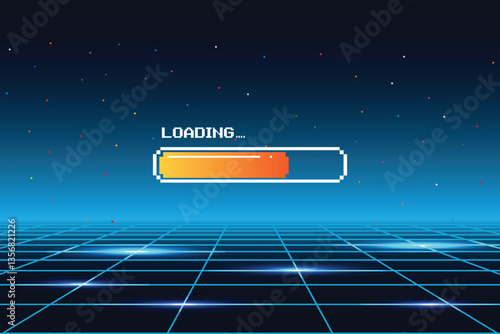 LOADING bar. pixel art. 8 bit. retro game. Retro Futurism Sci-Fi Background. glowing neon grid and star from vintage arcade computer game.