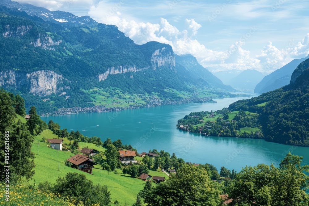 Swiss alps village with lush green fields and majestic mountains. Neural network AI generated Swiss alps village with lush green fields and majestic mountains. Neural network AI generated