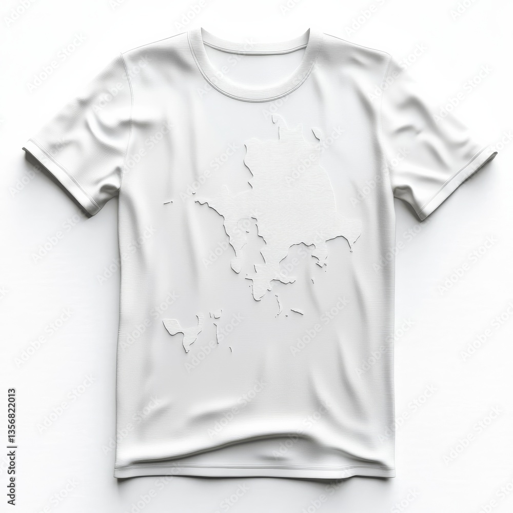 White T-shirt with Kosovo Map Embossed in Relief, Modern Minimalist Design on White Background, Simple and Elegant Apparel White T-shirt with Kosovo Map Embossed in Relief, Modern Minimalist Design on White Background, Simple and Elegant Apparel