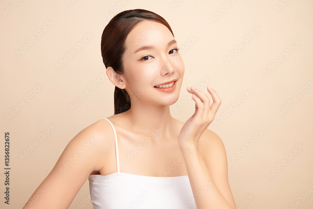 A beautiful young Asian woman with clean, fresh skin against a beige background. Skincare, facial treatment, cosmetology, beauty, and spa. An elegant portrait of an Asian woman. A beautiful young Asian woman with clean, fresh skin against a beige background. Skincare, facial treatment, cosmetology, beauty, and spa. An elegant portrait of an Asian woman.