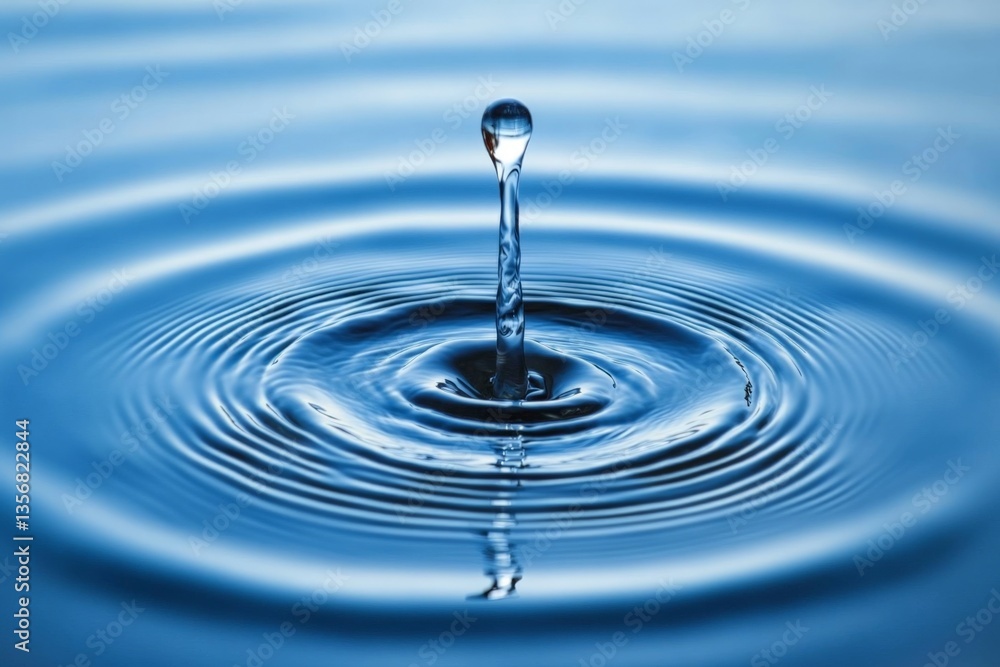 Detailed view of a water droplet creating ripples in a serene blue pond during a sunny afternoon Detailed view of a water droplet creating ripples in a serene blue pond during a sunny afternoon