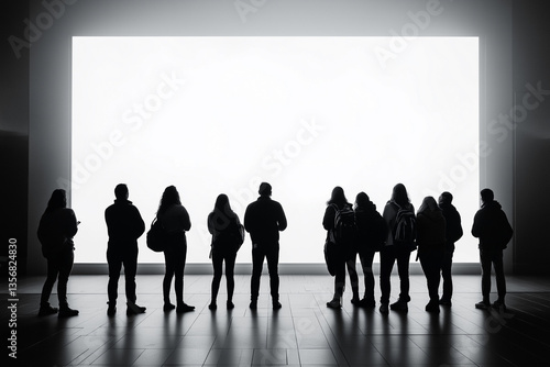 Silhouette of a group of people looking at a large white screen, Large white screen mockup