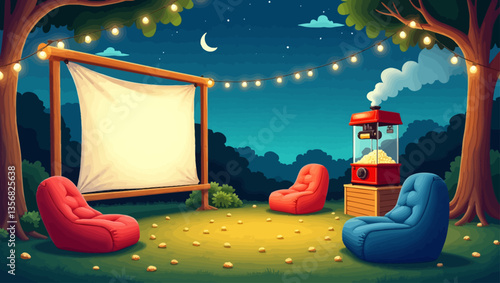 Cozy outdoor movie night setup with bean bags, popcorn, and glowing string lights under the starry sky.