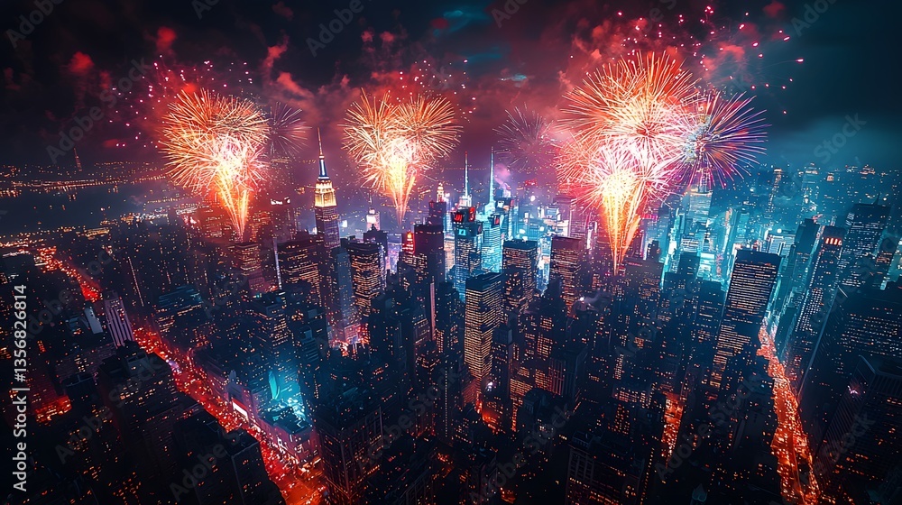 Fototapeta premium Fireworks illuminate cityscape at night