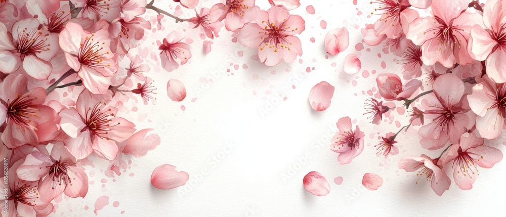 Delicate pink cherry blossoms scattered on a white spring banner Delicate pink cherry blossoms scattered on a white spring banner