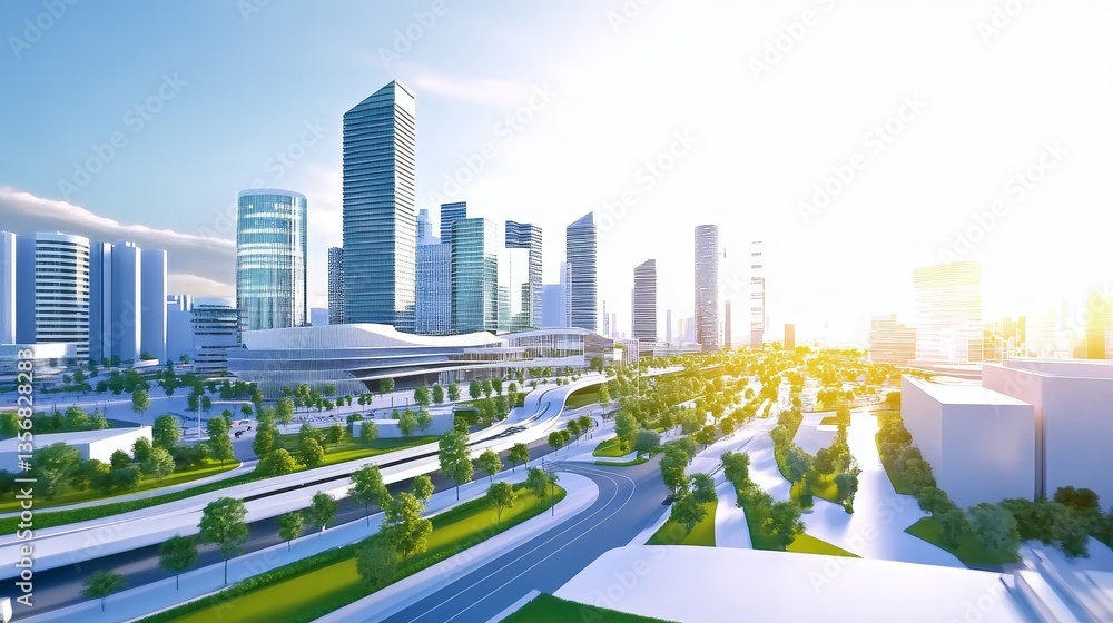 Fototapeta premium Modern city skyline with skyscrapers and green spaces under a bright sunlit sky