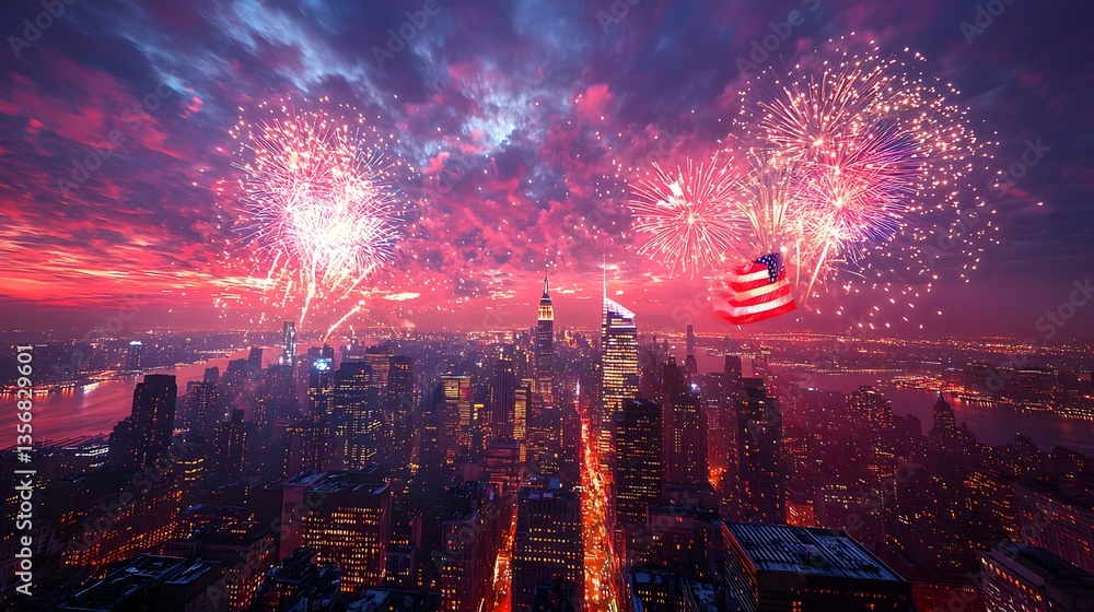 Fototapeta premium Fireworks over city skyline at night