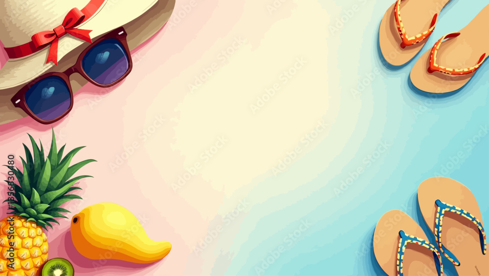 Summer background with mango, hat, sunglasses, and flip flops on blue-pink beach-themed gradient backdrop. Summer background with mango, hat, sunglasses, and flip flops on blue-pink beach-themed gradient backdrop.