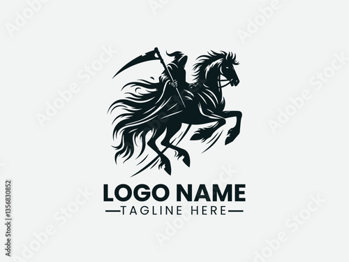 grim reaper riding horse silhouette. Dark fantasy logo