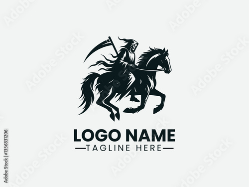 grim reaper riding horse silhouette. Dark fantasy logo