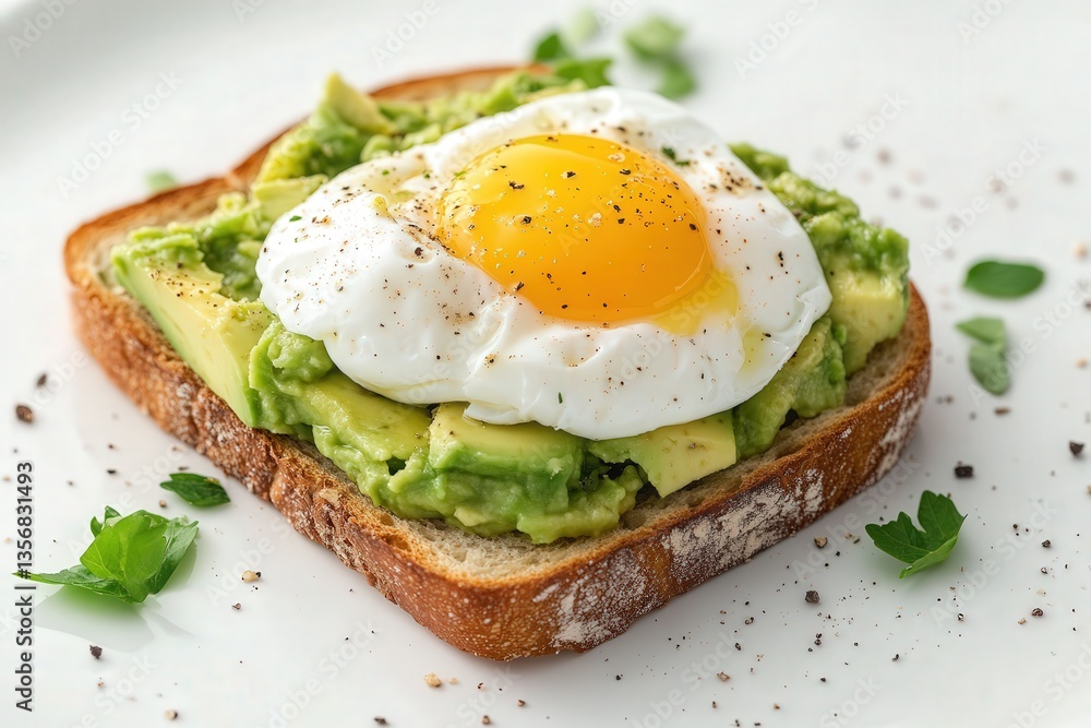 Delicious avocado toast topped with a perfectly poached egg. Delicious avocado toast topped with a perfectly poached egg.