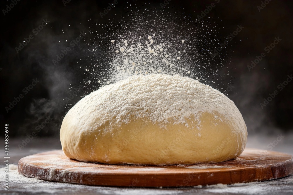 Dough being prepared for baking in a cozy kitchen filled with flour in the air Dough being prepared for baking in a cozy kitchen filled with flour in the air