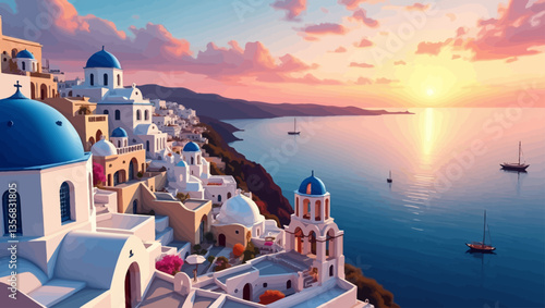 Santorini at sunset with iconic blue domes and sea horizon, perfect for Mediterranean travel and romantic scenes.