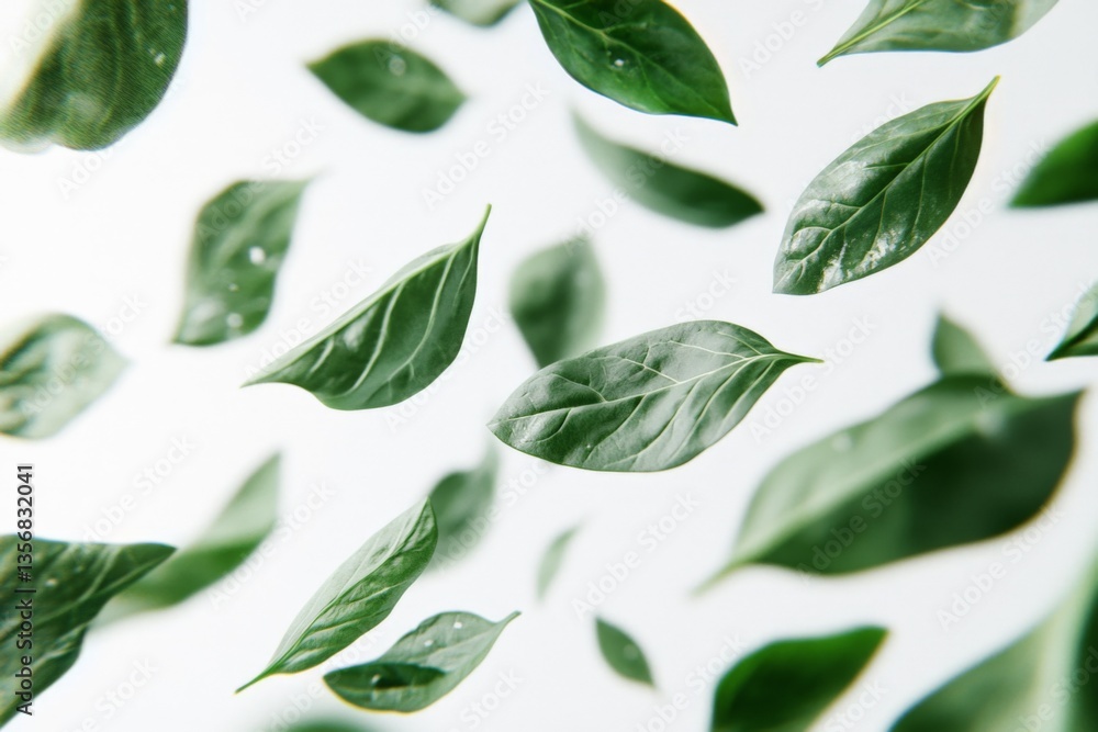 Naklejka premium Green leaves floating gracefully in the air against a light background during a calm afternoon