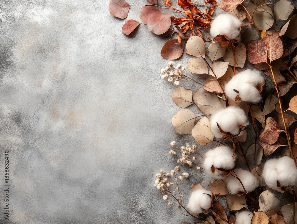 Obraz premium Elegant cotton plant arrangement with dried eucalyptus leaves on a textured gray surface