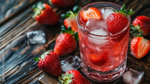 Wallpaper Mural A close-up of a chilled glass of strawberry juice with a few fresh strawberries and ice cubes, served on a rustic wooden table. Torontodigital.ca