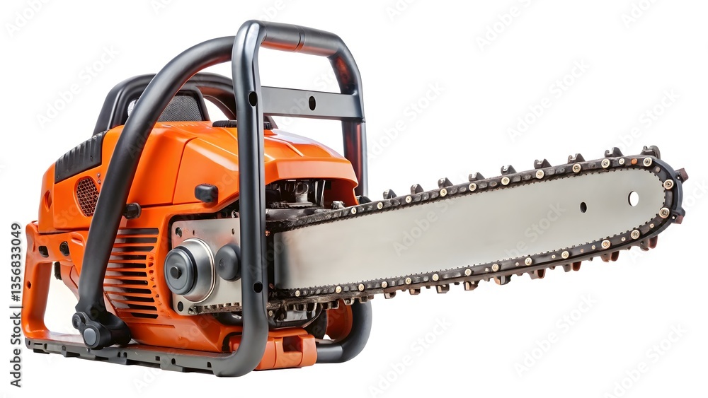 Isolated Orange Chainsaw on a White Background Ready for Cutting Tasks Isolated Orange Chainsaw on a White Background Ready for Cutting Tasks