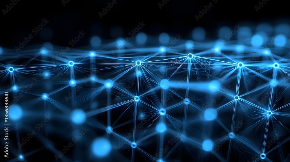 Obraz premium A complex digital matrix with vibrant blue nodes and intricate links visualizing advanced global communication and data synchronization