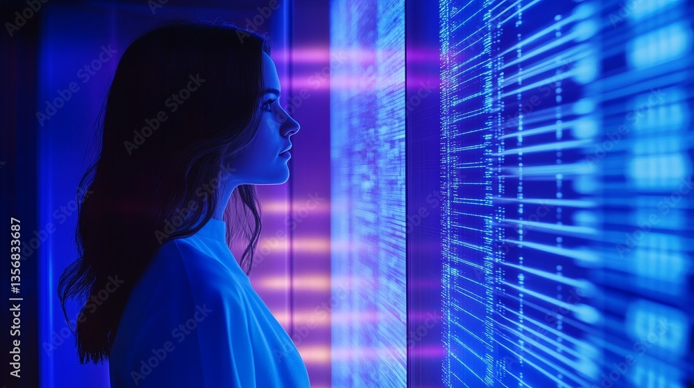 Woman gazing thoughtfully at a futuristic digital display in a high-tech environment Woman gazing thoughtfully at a futuristic digital display in a high-tech environment
