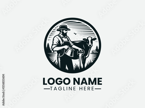 Farmer Milking Cow Traditional Dairy Farm Logo Design, Dairy Farmer Milking Cow Logo