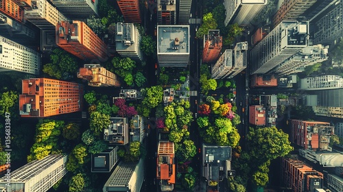 Aerial view city park, urban green space, skyscrapers, sunlight, nature, cityscape,  illustration, design