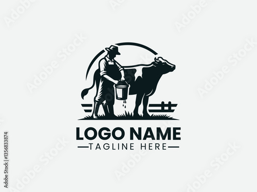 Farmer Milking Cow Traditional Dairy Farm Logo Design, Dairy Farmer Milking Cow Logo
