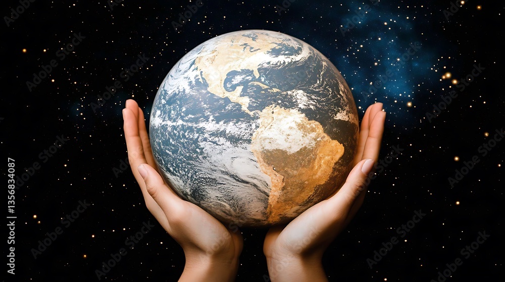 Hands holding Earth against starry backdrop. Hands holding Earth against starry backdrop.