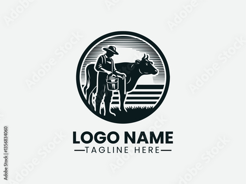 farmer milking cow with pail. Traditional dairy farm logo