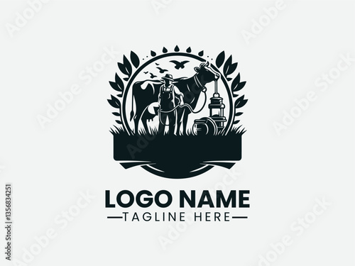 farmer milking cow with pail. Traditional dairy farm logo