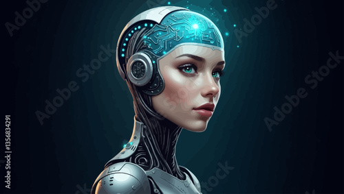 Portrait of a female android with glowing neural circuits and futuristic cybernetic enhancements.