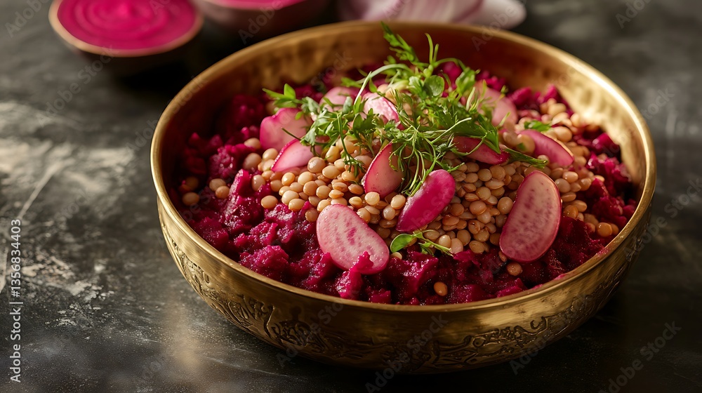 Hearty Lentil and Beet Curry in Brass Dish – Vibrant Split Presentation Hearty Lentil and Beet Curry in Brass Dish – Vibrant Split Presentation
